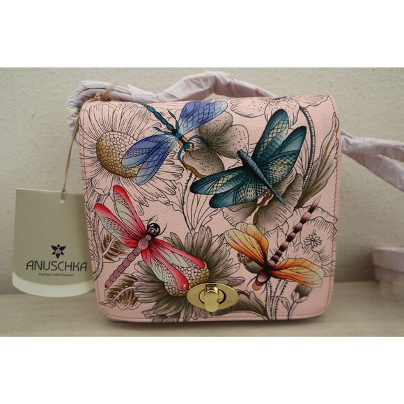Anuschka Pink Dragonflies Hand-Painted Leather Crossbody Bag RFID Protection - Picture 4 of 10